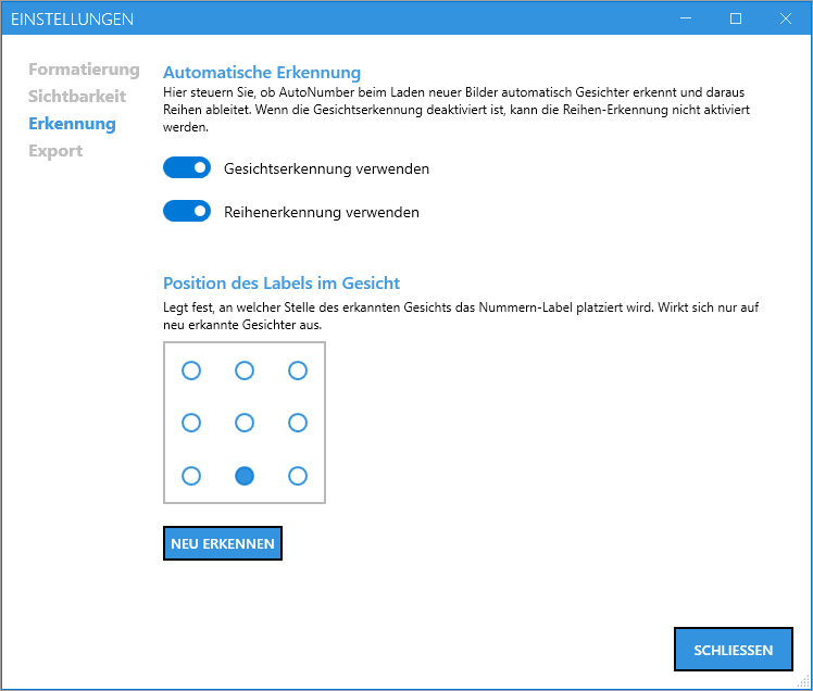 Einstellungen – Tab Erkennung