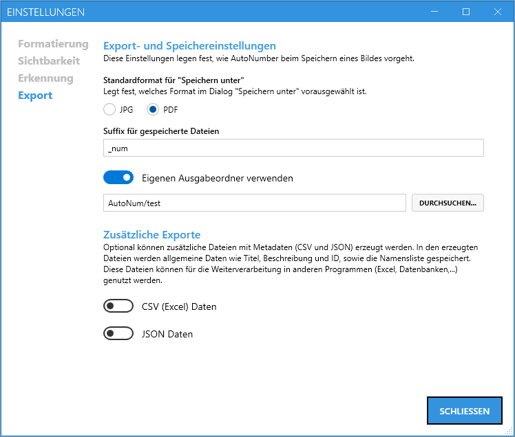 Einstellungen – Tab Export